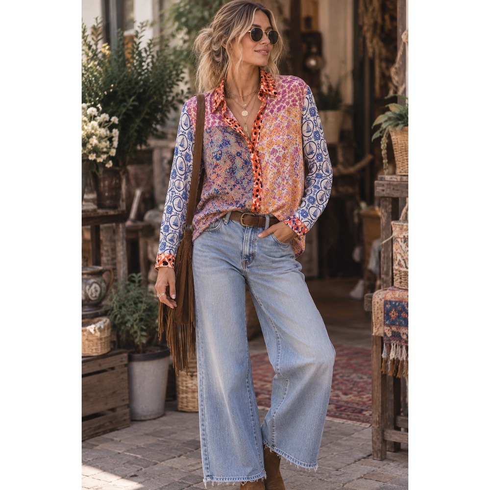 Maeve Anthropologie Mixed Print Button Down Shirt Small Patchwork Boho Floral